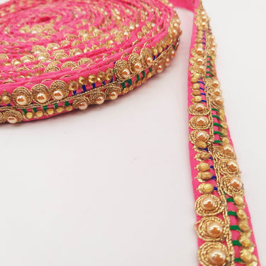 Cerise Pink Fabric Embroidered Trim with Gold Beads, Decorative Sari Trim, Trim By 3 Yards
